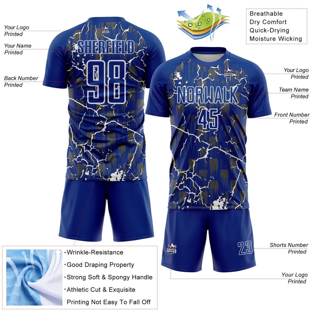 Custom Royal White Lightning Sublimation Soccer Uniform Jersey