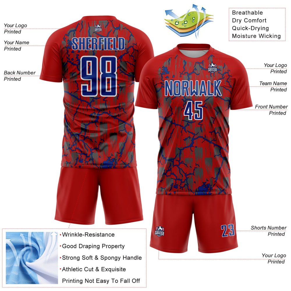 Custom Red Royal-White Lightning Sublimation Soccer Uniform Jersey
