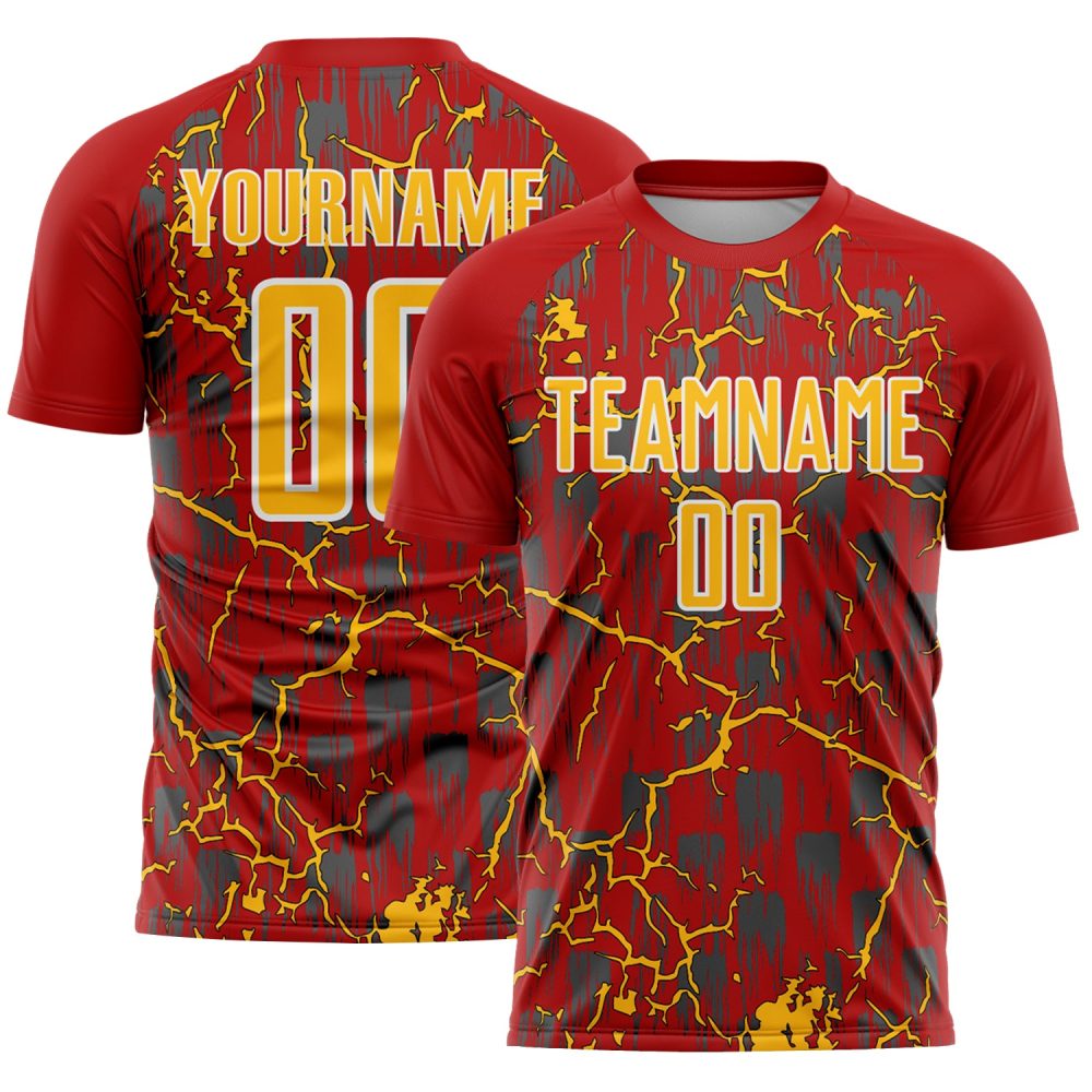 Custom Red Gold-White Lightning Sublimation Soccer Uniform Jersey